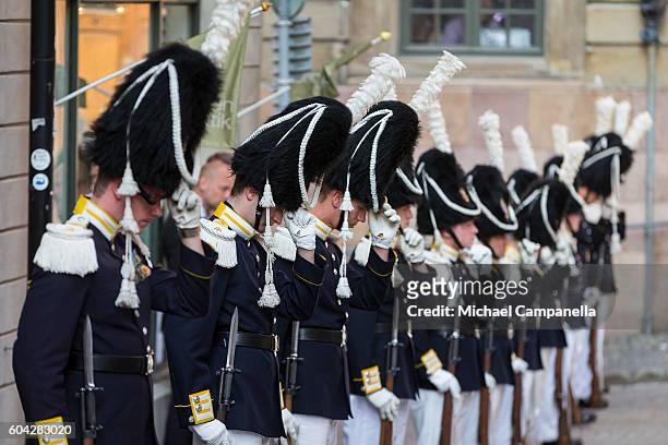 Swedish royal guards prepare for the arrival of the kind at a ceremony at Storkyrkan in connection with the opening session of the Swedish parliament...