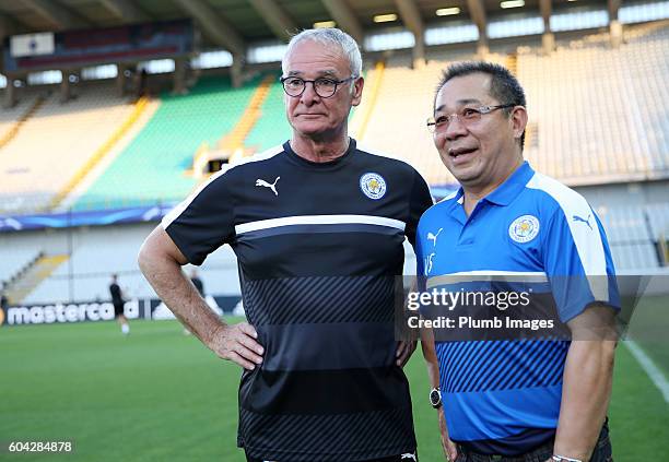 Manager Claudio Ranieri of Leicester City with chairman Vichai Srivaddhanaprabha of Leicester City during the training session at Jan Breydel Stadium...