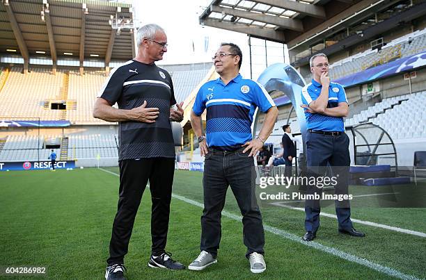 Manager Claudio Ranieri of Leicester City with chairman Vichai Srivaddhanaprabha of Leicester City during the training session at Jan Breydel Stadium...