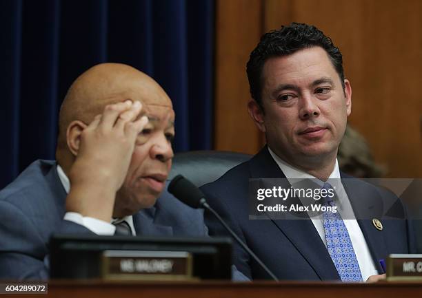 Ranking member Rep. Elijah Cummings speaks as committee chairman Rep. Jason Chaffetz looks on during a hearing on "Examining Preservation of State...