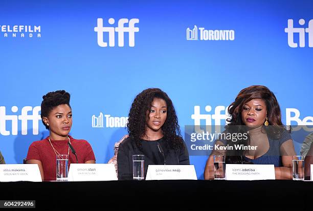 Actors Omoni Obol, Genevieve Nnaji and director Kemi Adetiba speak onstage at the 'City to City' press conference during the 2016 Toronto...