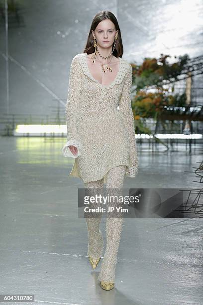 Model walks the runway at the Rodarte fashion show during New York Fashion Week September 2016 at Center 548 on September 13, 2016 in New York City.