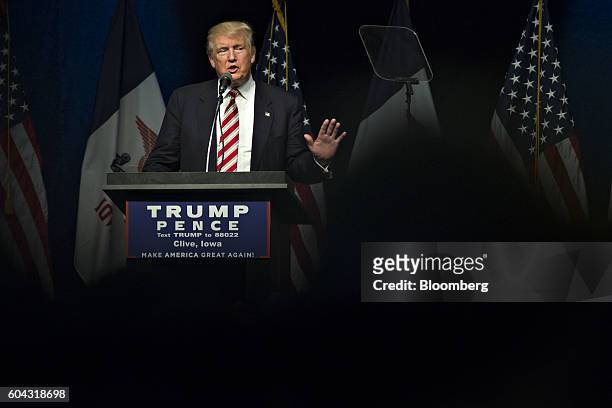 Donald Trump, 2016 Republican presidential nominee, speaks during a campaign event in Des Moines, Iowa, U.S., on Tuesday, Sept. 13, 2016. Any path...