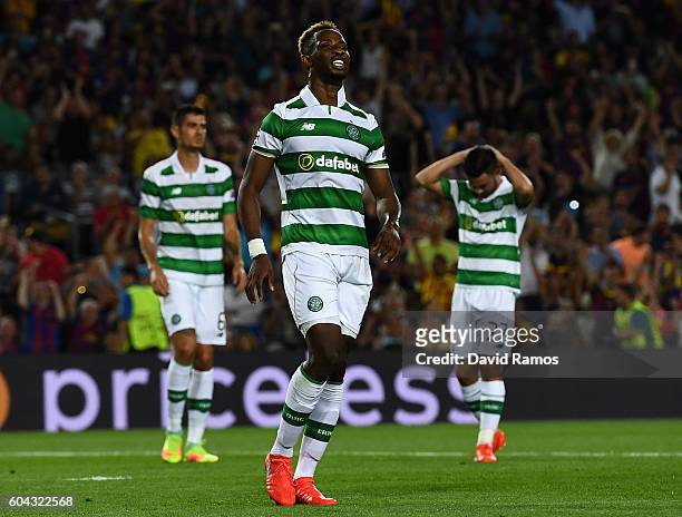 Moussa Dembele of Celtic reacts after missing a penalty during the UEFA Champions League Group C match between FC Barcelona and Celtic FC at Camp Nou...