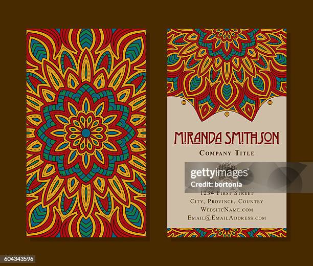 ornate circular mandala multicolored business card designs - indian culture pattern stock illustrations