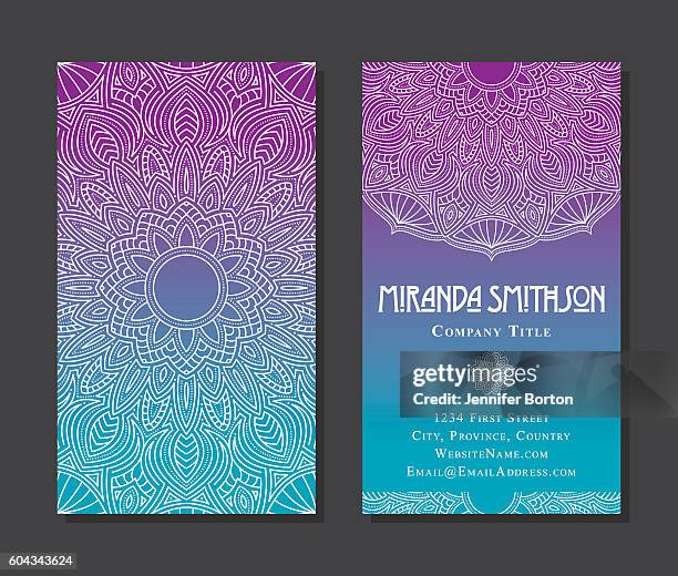 ornate circular mandala multicolored business card designs - lotus flower vector stock illustrations