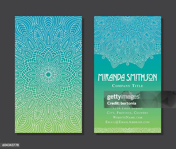 ornate circular mandala multicolored business card designs - lotus flower vector stock illustrations