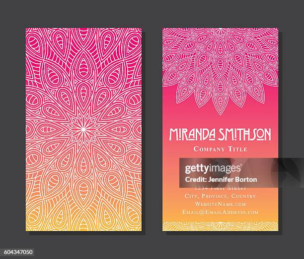 ornate circular mandala multicolored business card designs - pilates power ring stock illustrations