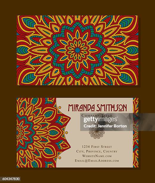 ornate circular mandala multicolored business card designs - philosophy vector stock illustrations