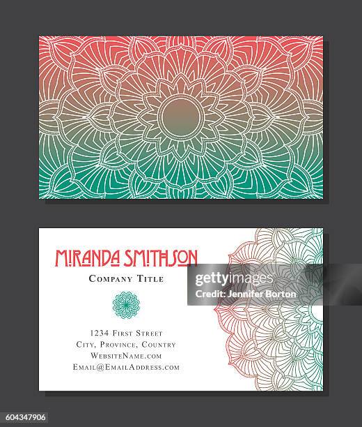 ornate circular mandala multicolored business card designs - lotus henna stock illustrations