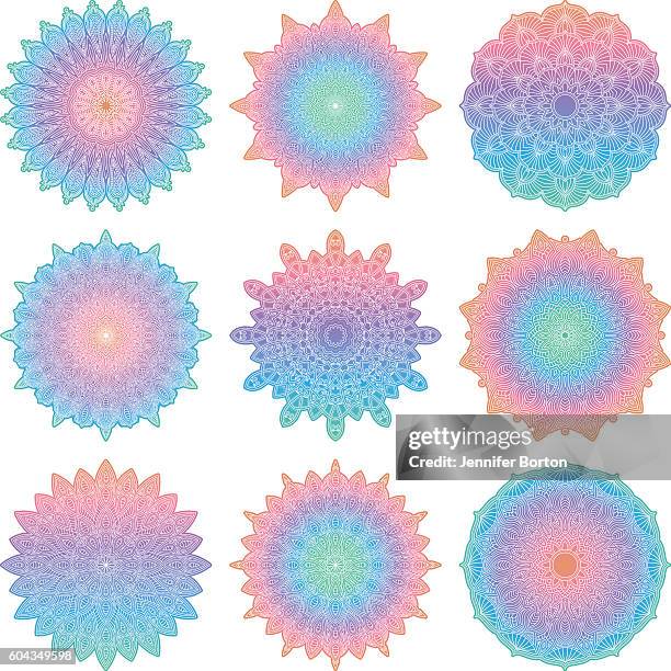 ornate circular mandala multicolored designs - pilates power ring stock illustrations