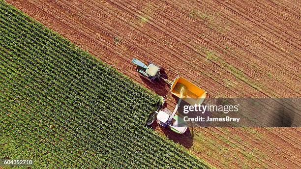 farm machines harvesting corn for feed or ethanol - field aerial imagens e fotografias de stock