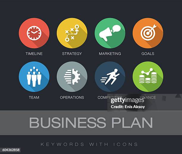 business plan-schlüsselwörter mit symbolen - geschäftsbesprechung stock-grafiken, -clipart, -cartoons und -symbole