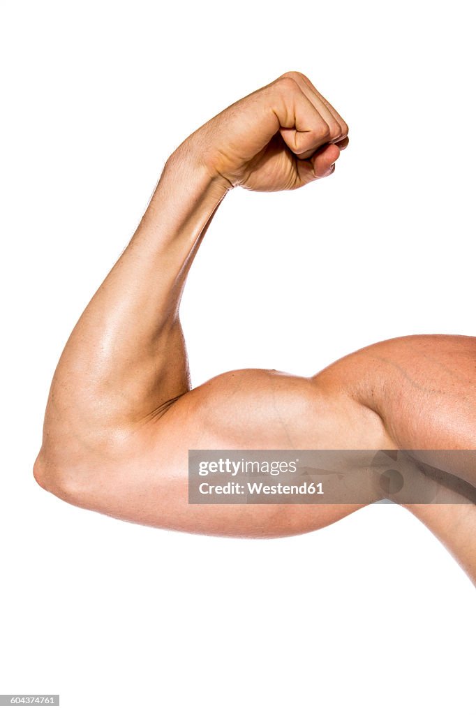 Muscular man flexing his biceps in front of white background, close-up