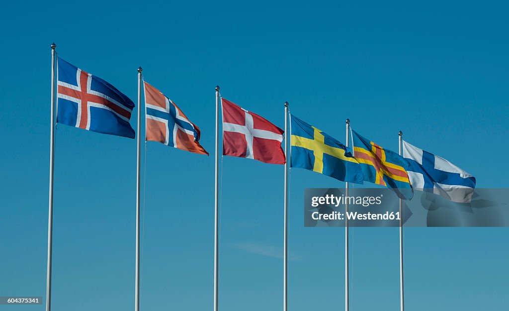 Row of Scandinavian national flags in front of blue sky