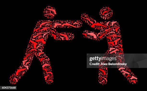 fighting stick figures gun icon pattern background - martial arts stock illustrations