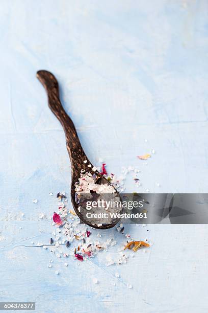 wooden spoon of rose lavender bath salt - bath salt stock pictures, royalty-free photos & images