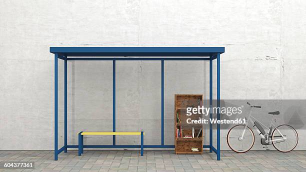 stockillustraties, clipart, cartoons en iconen met parked electric bicycle besides a bus stop with bookshelf, 3d rendering - bank zitmeubels
