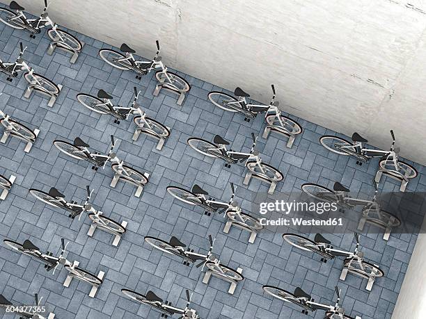 parked electric bicycles in a backyard, 3d rendering - large group of objects stock illustrations