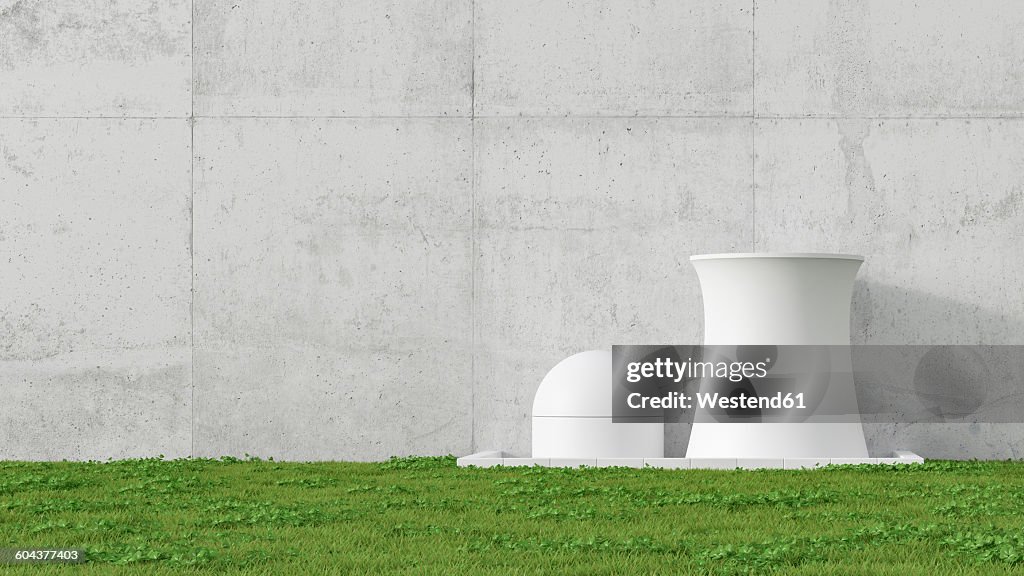 3D Illustration, nuclear power station, concrete wall and meadow