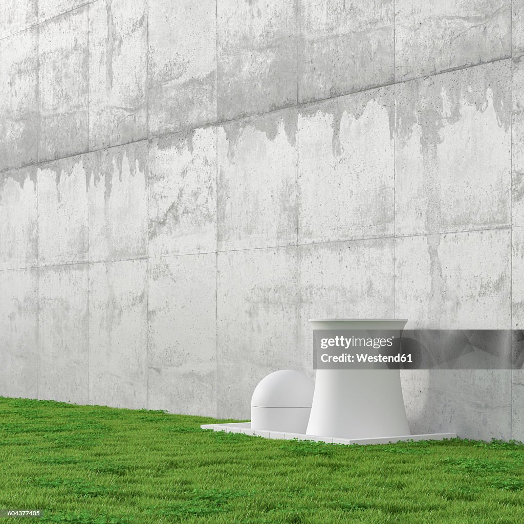 3D Illustration, nuclear power station, concrete wall and meadow