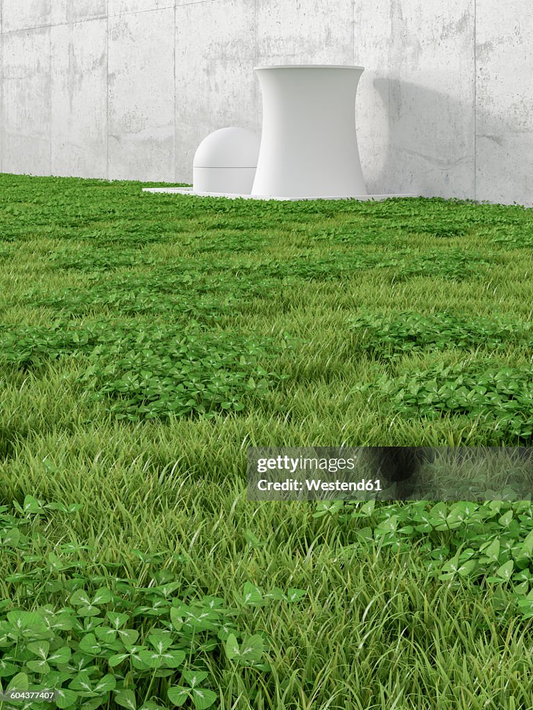 3D Illustration, nuclear power station, concrete wall and meadow