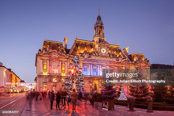 christmas decorations at hotel de ville, tours. - paris christmas stock pictures, royalty-free photos & images