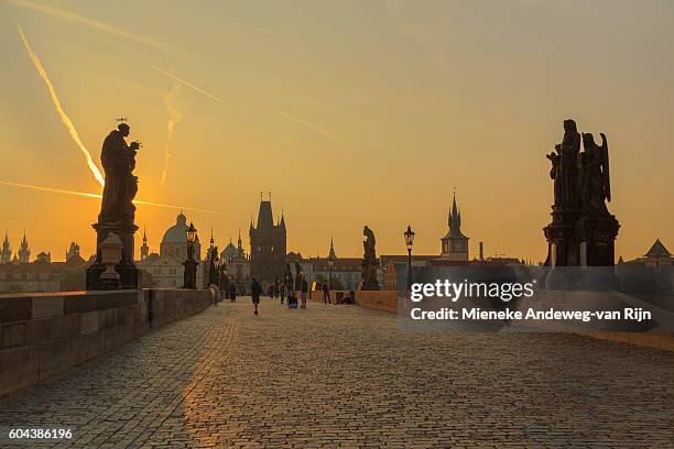 romantic sunrise view on the charles bridge with the towers and spires of the old town beyond, prague, czech republic - mieneke andeweg stock pictures, royalty-free photos & images