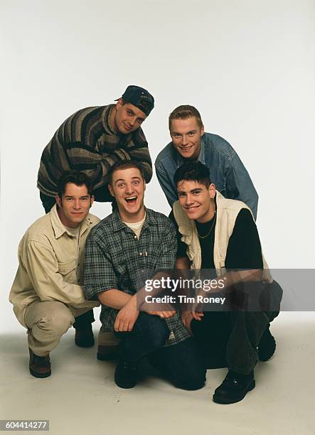 Irish boy band Boyzone, circa 1995. They are Stephen Gately , Keith Duffy, Ronan Keating, Shane Lynch and Mikey Graham.