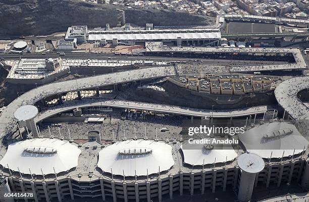 An aerial view of Mina region and the tents set up for the pilgrims as prospect pilgrims continue flooding onto sacred soil for the 2016 Hajj in...