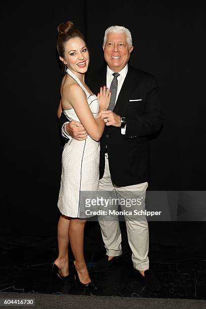 Laura Osnes and designer Dennis Basso pose for a photo backstage at the Dennis Basso fashion show during New York Fashion Week: The Shows at The Arc,...
