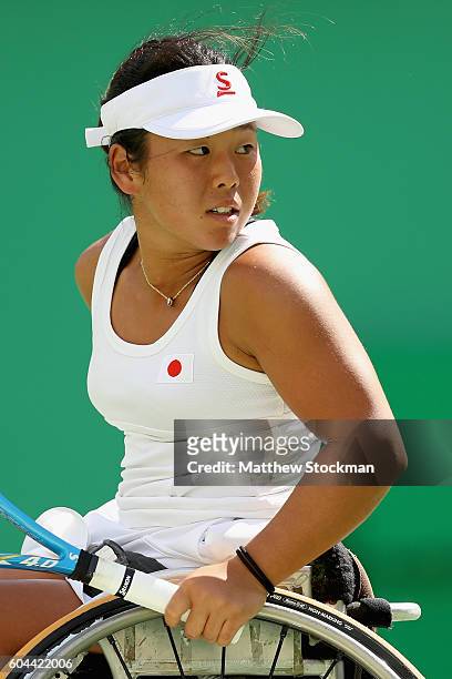 Yui Kamiji of Japan plays Anieka van Koot of the Netherlands at the Olympic Tennis Center during day 6 of the Rio 2016 Paralympic Games on September...
