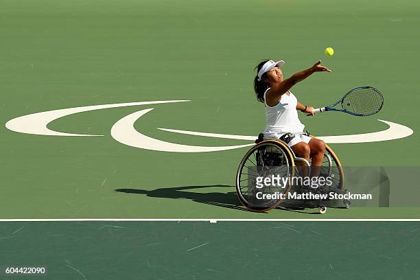 Yui Kamiji of Japan plays Anieka van Koot of the Netherlands at the Olympic Tennis Center during day 6 of the Rio 2016 Paralympic Games on September...