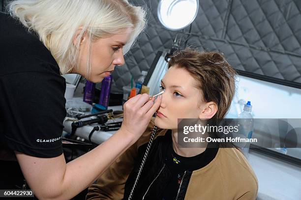 Model prepares backstage at the Dennis Basso SS17 fashion show during New York Fashion Week at The Arc, Skylight at Moynihan Station on September 13,...