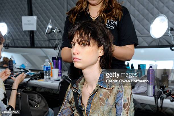 Model prepares backstage at the Dennis Basso SS17 fashion show during New York Fashion Week at The Arc, Skylight at Moynihan Station on September 13,...