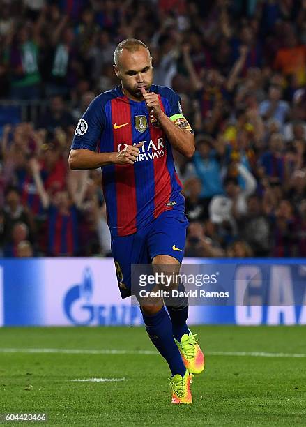 Andres Iniesta of Barcelona celebrates scoring his sides fourth goal during the UEFA Champions League Group C match between FC Barcelona and Celtic...