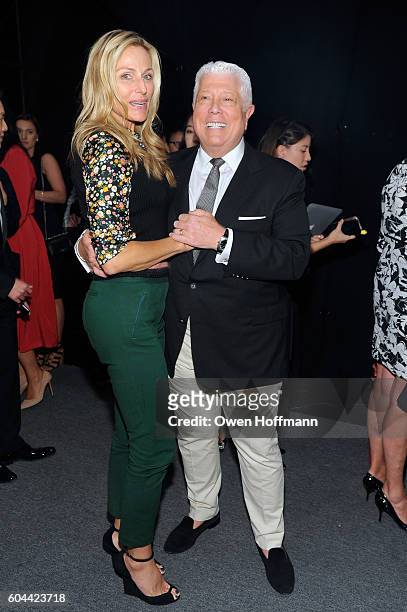 Jamie Tisch and Dennis Basso backstage at the Dennis Basso SS17 fashion show during New York Fashion Week at The Arc, Skylight at Moynihan Station on...