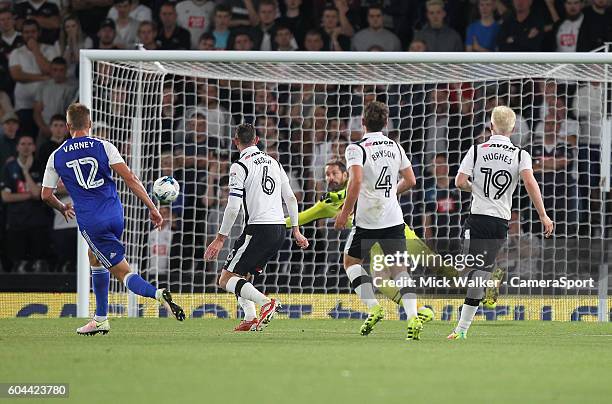Ipswich Town's Luke Varney scores his sides first goal beating Derby County's Scott Carson during the Sky Bet Championship match between Derby County...