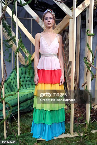 Model poses for the Alice + Olivia By Stacey Bendet fashion show during New York Fashion Week September 2016 at The Gallery, Skylight at Clarkson Sq...