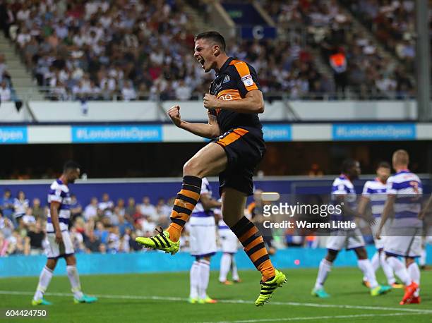 Ciaran Clark of Newcastle United celebrates scoring a goal during the Sky Bet Championship match between Queens Park Rangers and Newcastle United at...