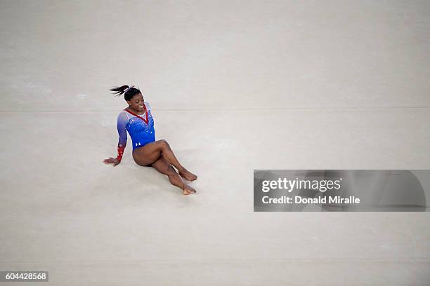 Summer Olympics: Aerial view of USA Simone Biles in action during Women's Floor Exercise Final at Rio Olympic Arena. Biles wins gold. Rio de Janeiro,...