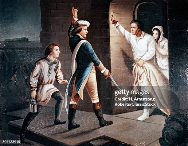 PAINTING CAPTURE OF FORT TICONDEROGA MAY 10, 1775 BY ETHALLEN AND GREEN MOUNTAIN BOYS DEMAND SURRENDER OF BRITISH FORCES