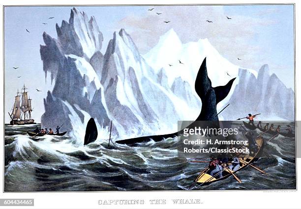 1850s CAPTURING THE WHALE - CURRIER & IVES LITHOGRAPH - 1850