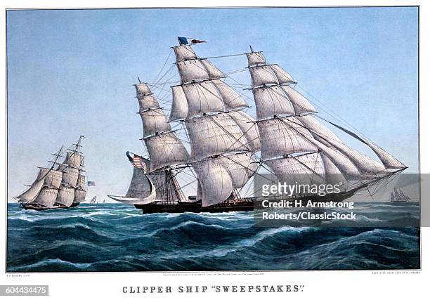 1850s CLIPPER SHIP SWEEPSTAKES - PAINTING BY F F PALMER - CURRIER & IVES LITHOGRAPH - 1855