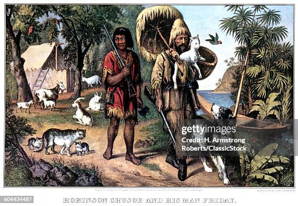 1870s ROBINSON CRUSOE AND HIS MAN FRIDAY - CURRIER & IVES LITHOGRAPH - 1874