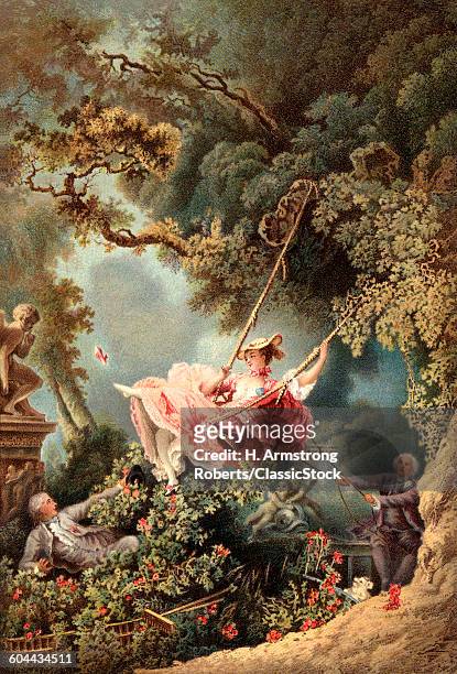 1700s 1767 THE SWING BY FRENCH PAINTER OF ROCOCO MANNER JEAN-HONORE FRAGONARD LOVER LOOKING UP DRESS OF MISTRESS ON SWING