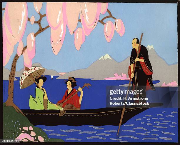 1920s ILLUSTRATION MAN ROWING BOAT WITH TWO JAPANESE GEISHAS BY FRENCH ART DECO ARTIST LUCIEN CHAPUIS