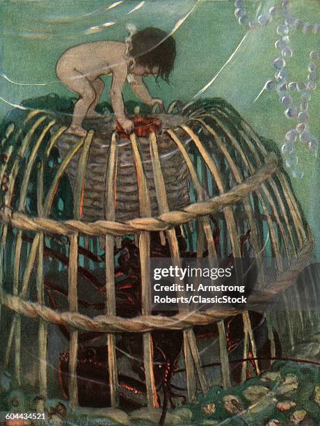 1910s 1916 ILLUSTRATION FROM THE WATER BABIES TOM TRYING TO FREE THE LOBSTER JESSIE WILLCOX SMITH ARTIST