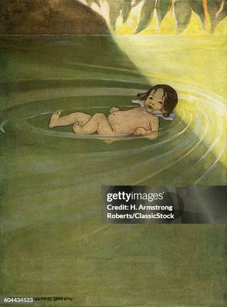 1910s 1916 ILLUSTRATION FROM THE WATERBABIES TOM LYING IN WATER RELAXING NUDEJESSIE WILLCOX SMITH ARTIST