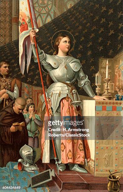 1400s JULY 17 1430 JOAN OF ARC IN ARMOUR WITH HALO AT CORONATION CHARLES VII OF FRANCE BY JEAN AUGUST DOMINIQUE INGRES IN 1854